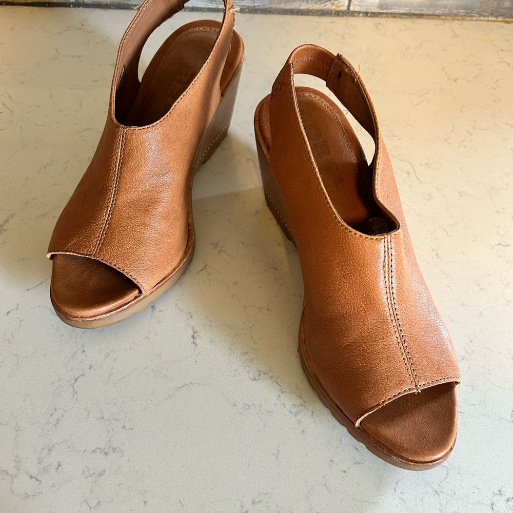 Sorel Nadia Camel Brown Leather Slingbacks Wedge Heeled Sandals - Picture 6 of 14